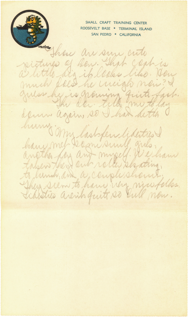 CDP letter home; Around the 1st of May, 1944 in San Pedro, CA