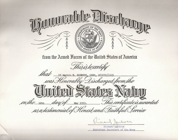 Marty Roberts; Honorable Discharge; May 12, 1959